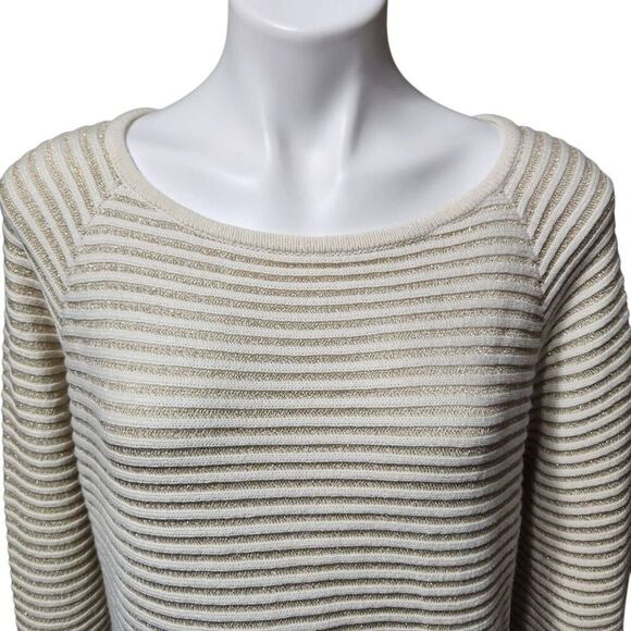 Chico's stretch knit tunic sweater gold cream stripe bell sleeve Size 3 XL - Picture 5 of 10